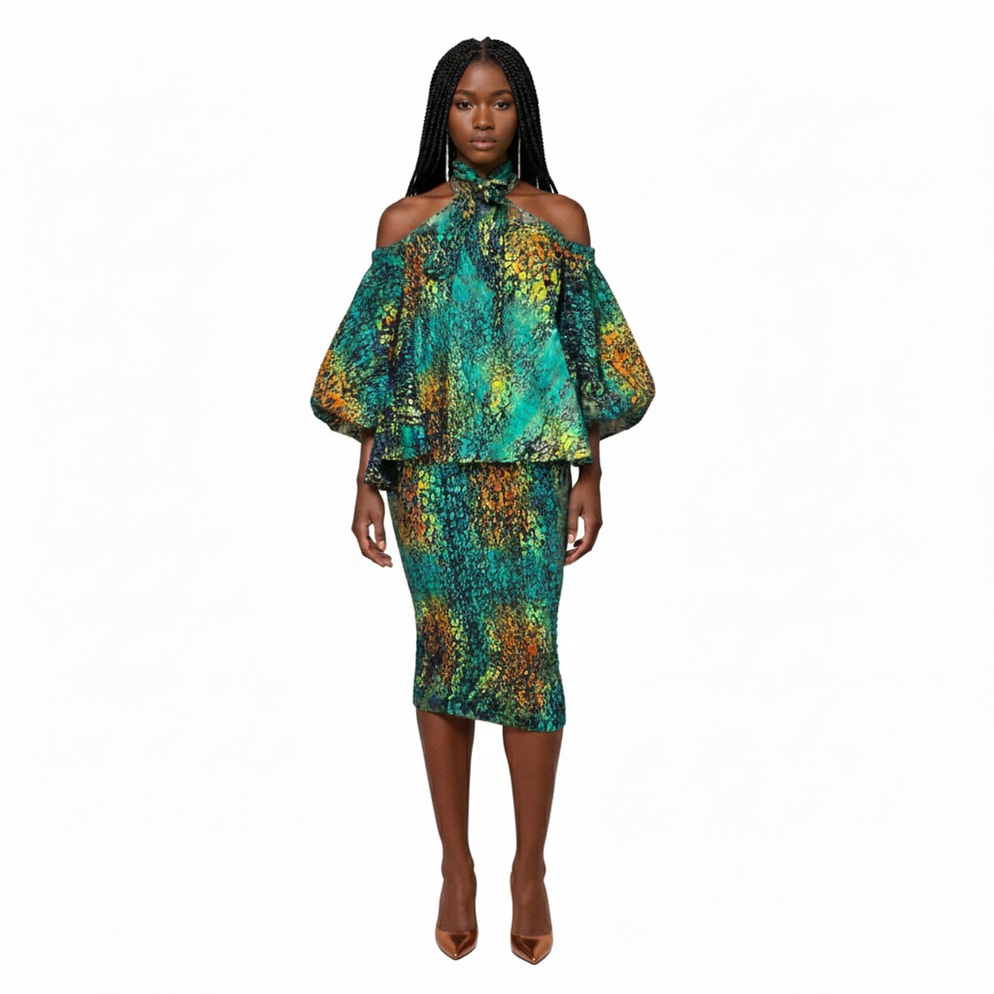 Woman wearing a colorful batik off-shoulder top and skirt set on a white background