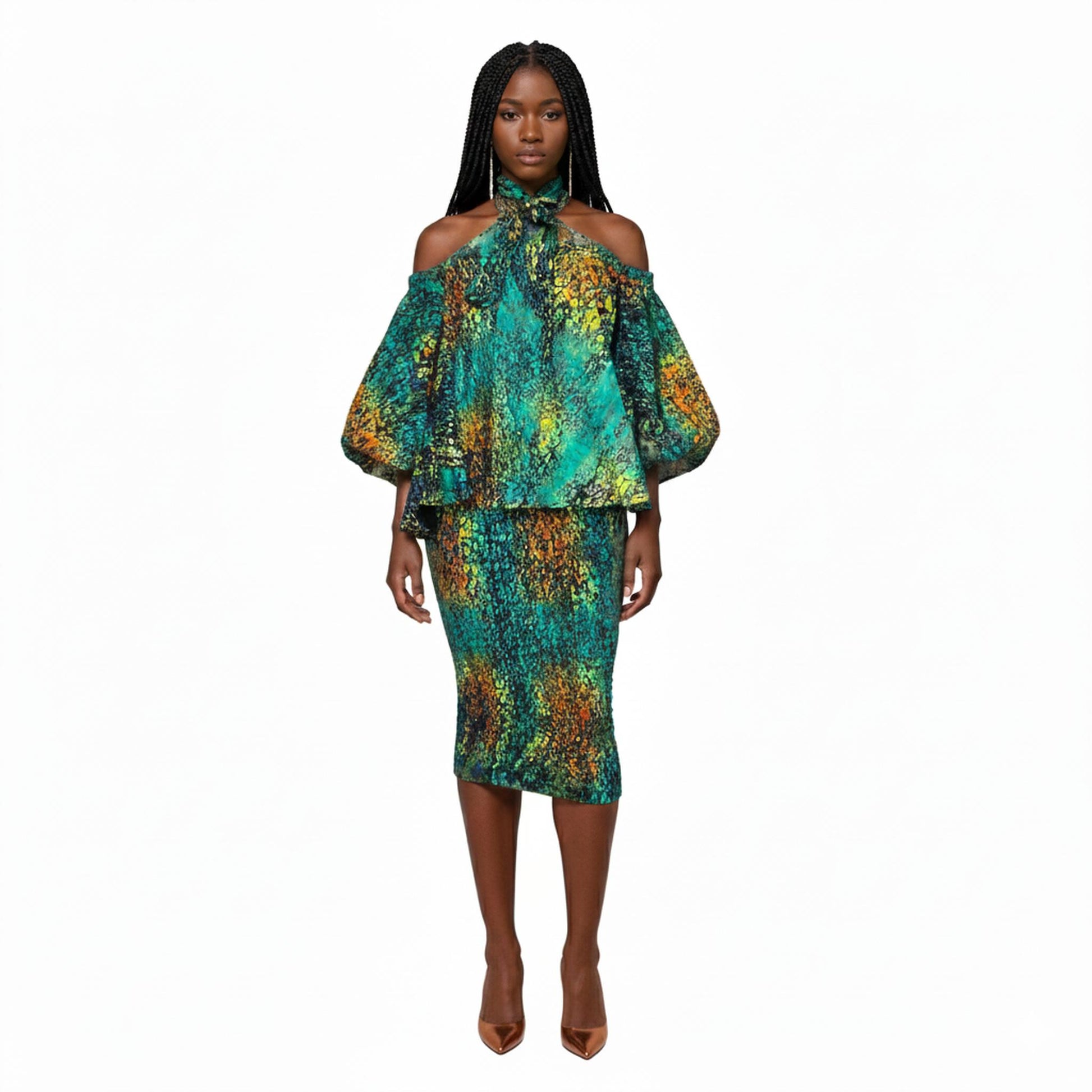 Woman wearing a colorful batik off-shoulder top and skirt set on a white background
