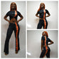A set of two images woman wearing a black t-shirt and matching pants with orange and red tie-dye. 
