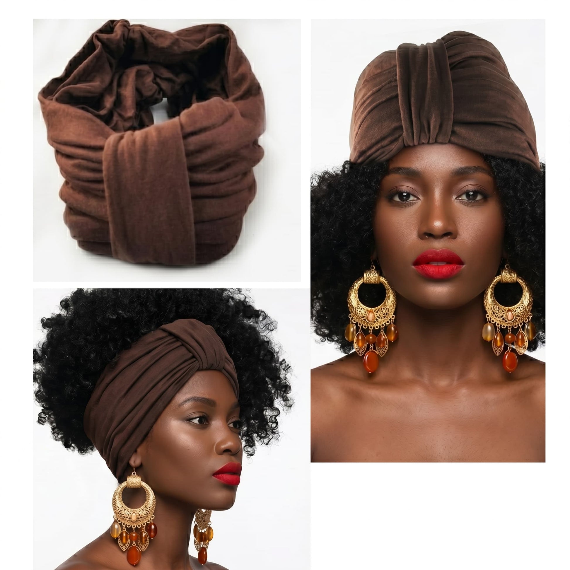 Brown turban worn by a model with gold earrings on a white background