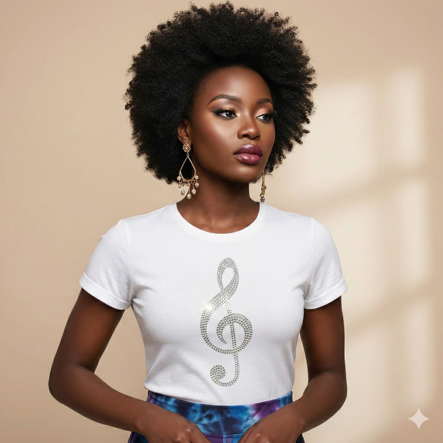 Woman wearing a white t-shirt with a decorative clef symbol on a beige background