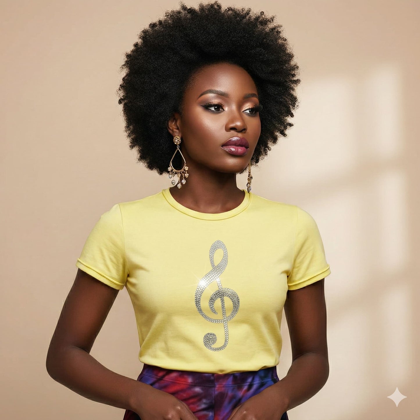 Woman wearing a yellow t-shirt with a decorative clef symbol on a beige background