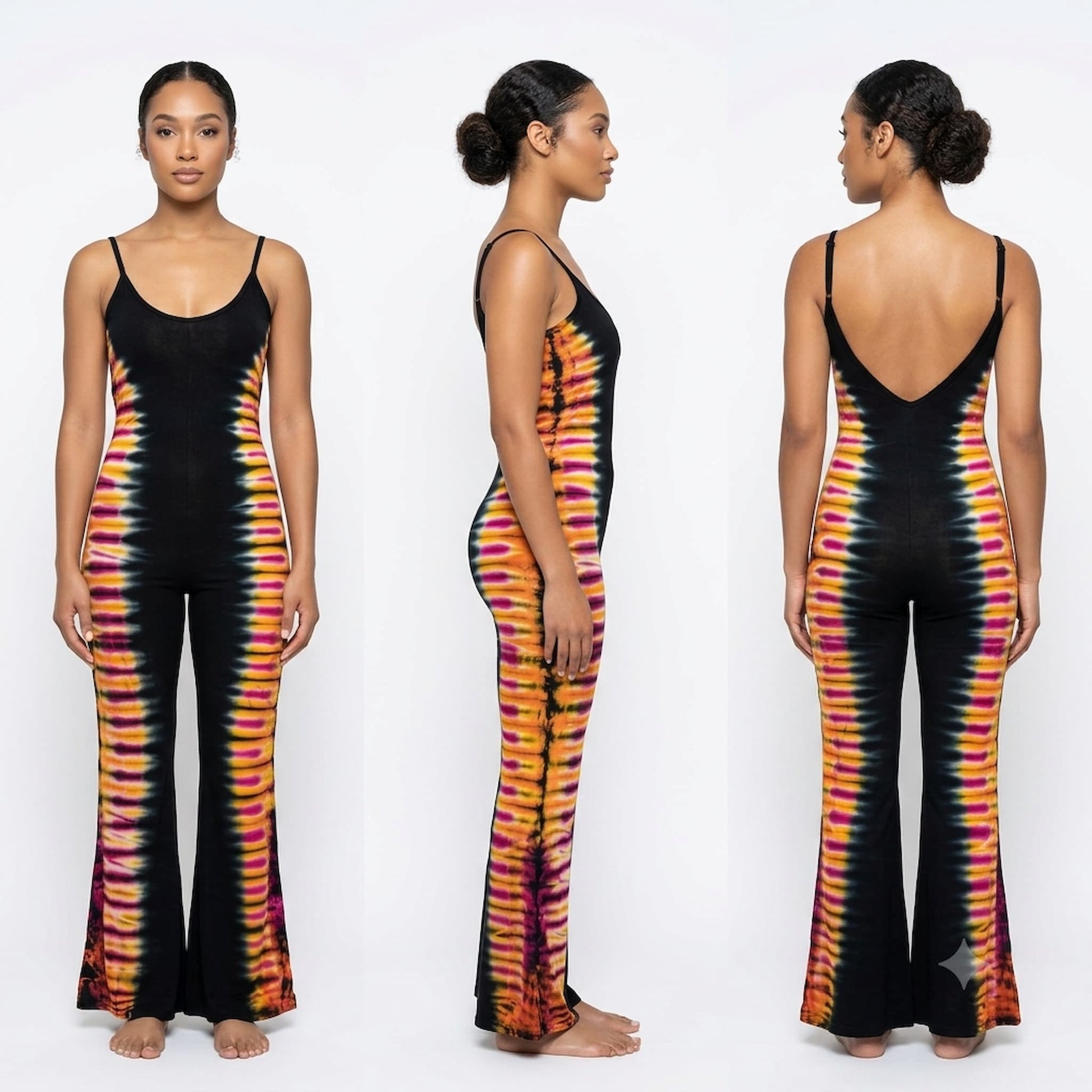 A sleeveless flared jumpsuit shown on a model from three angles: front, side, and back. 