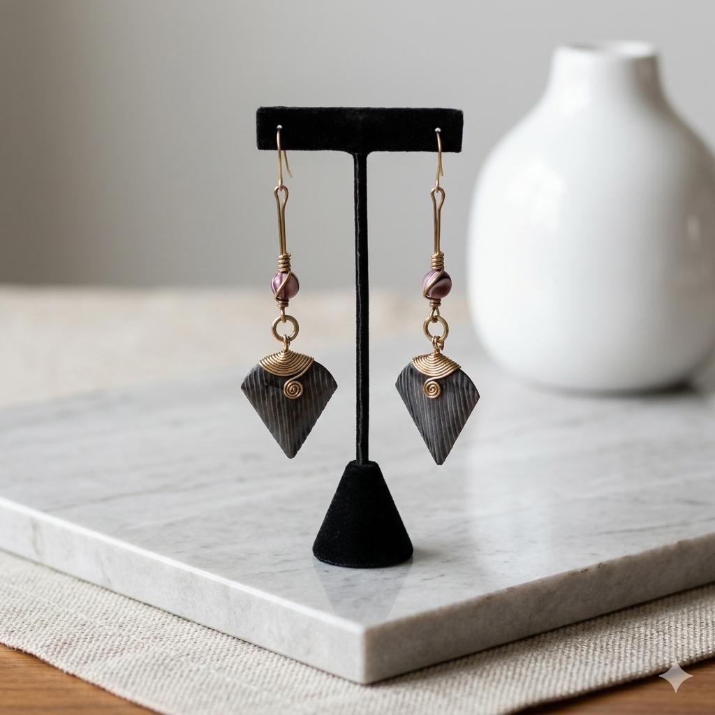 Kenyan brass, cowrie shell, and hand-carved bone drop earrings on a black display stand.