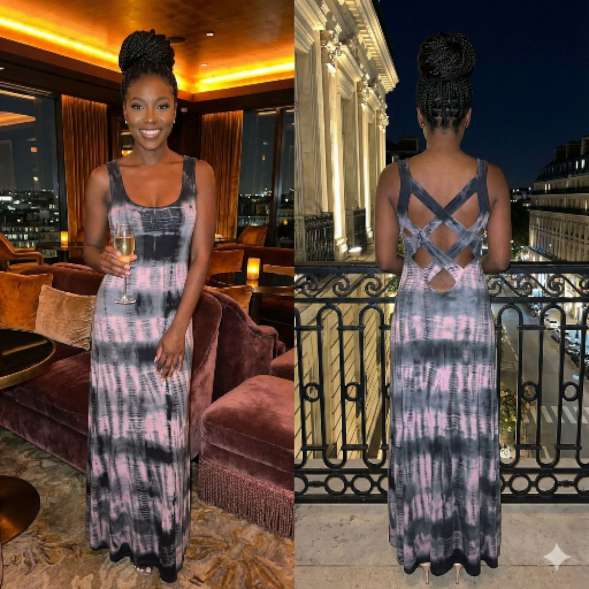 Woman in a tie dye dress   standing on a balcony at night.