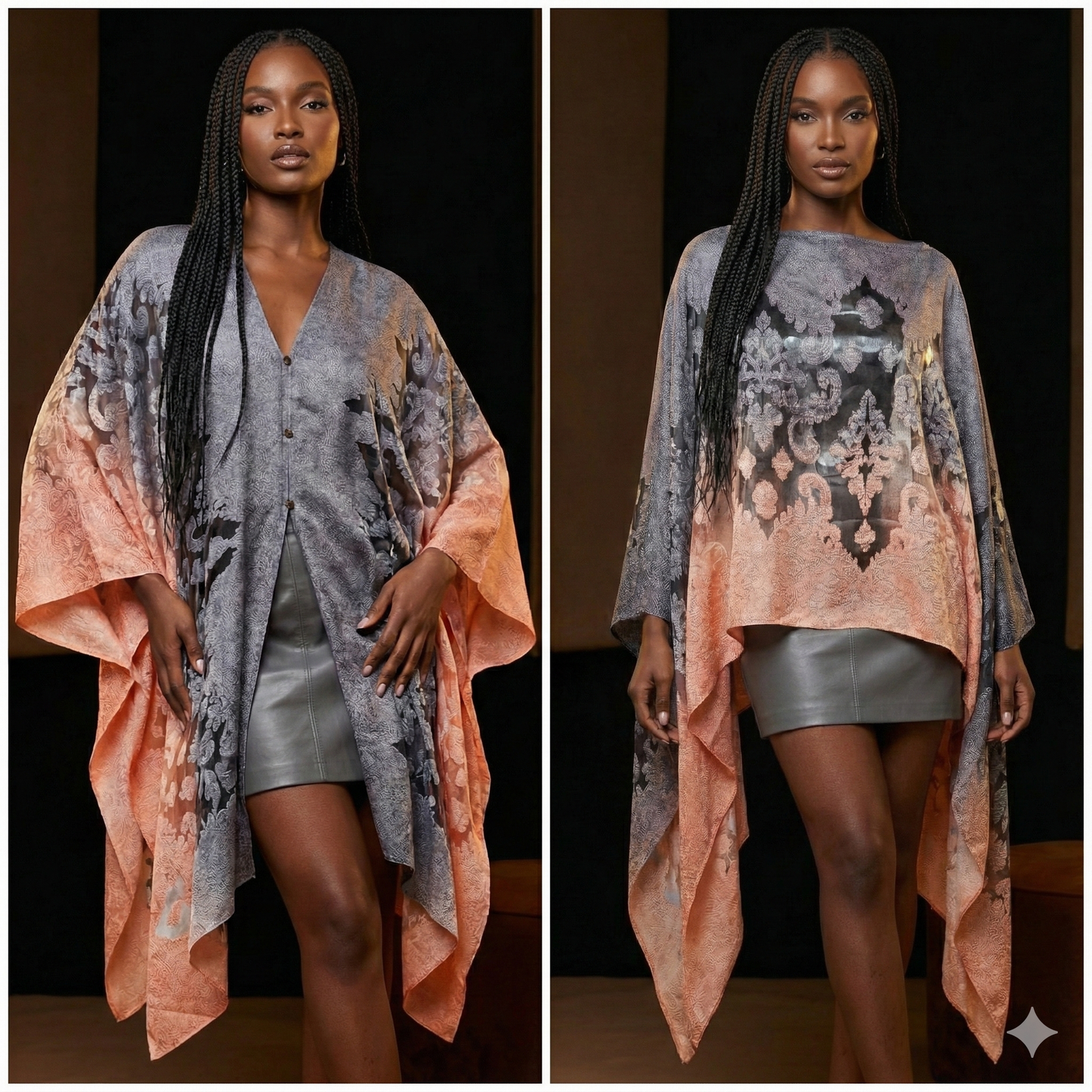 Woman wearing a patterned shawl garment with a plain background