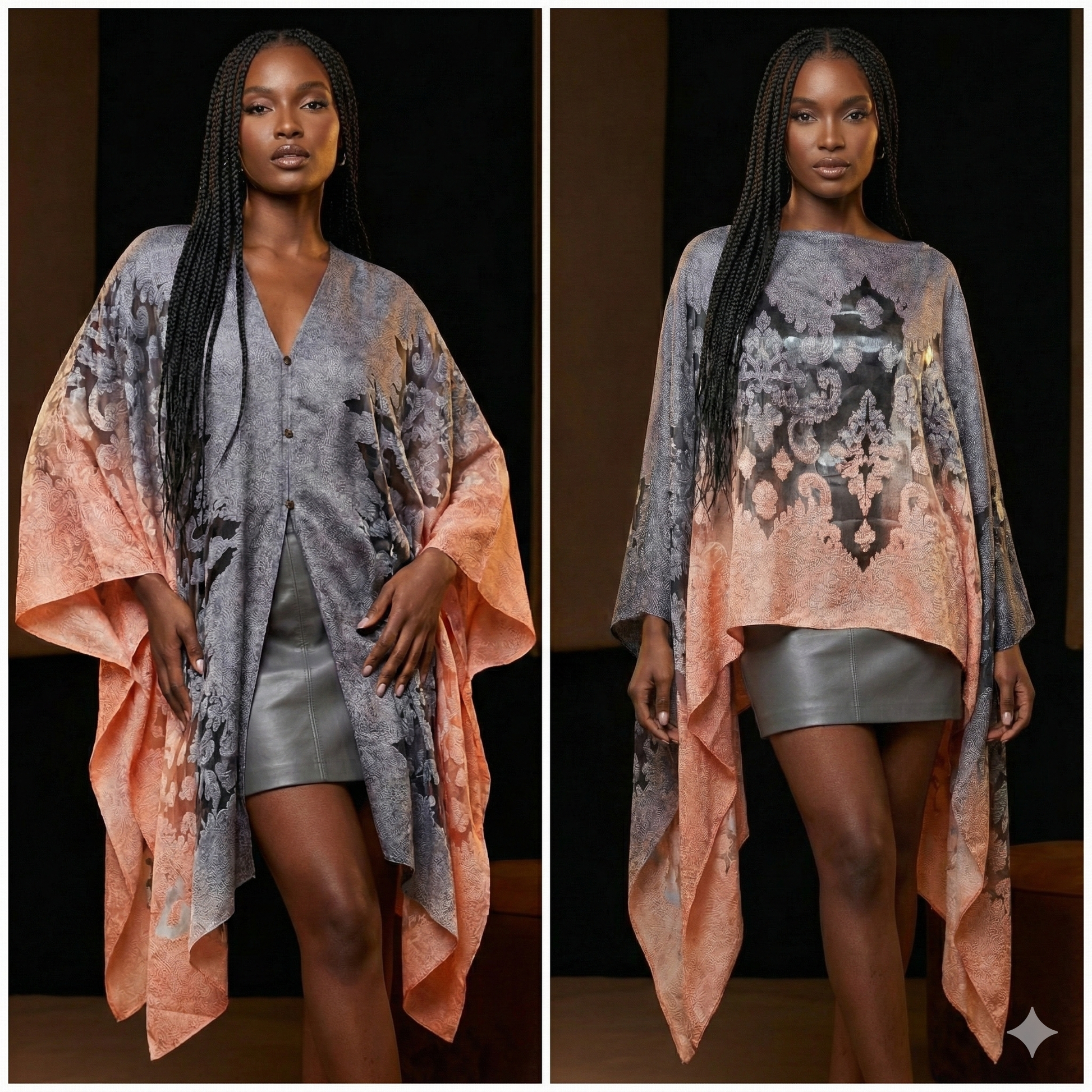 Woman wearing a patterned shawl garment with a plain background