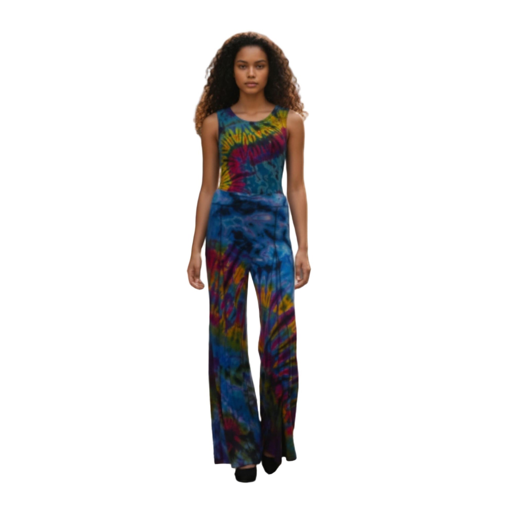 Woman in a colorful tie-dye top and  pants
 