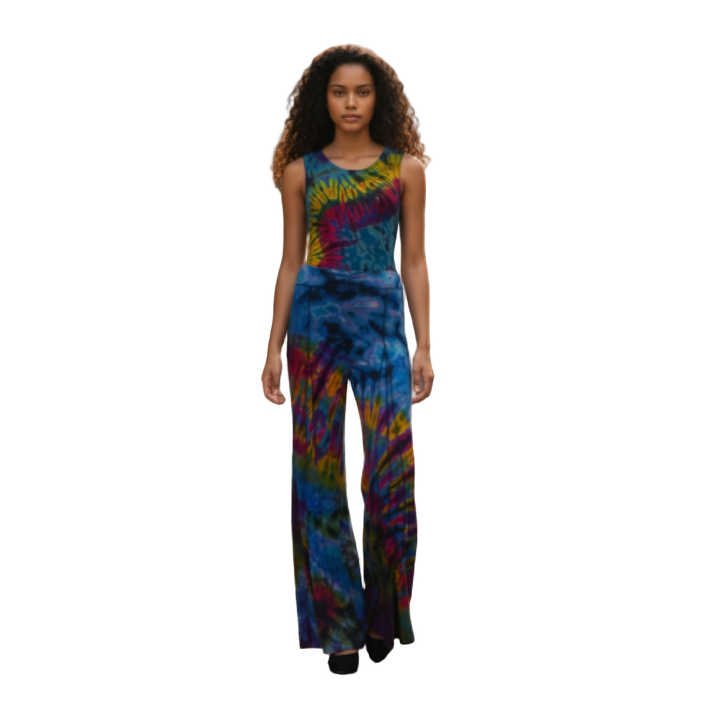 Woman in a colorful tie-dye top and  pants
 