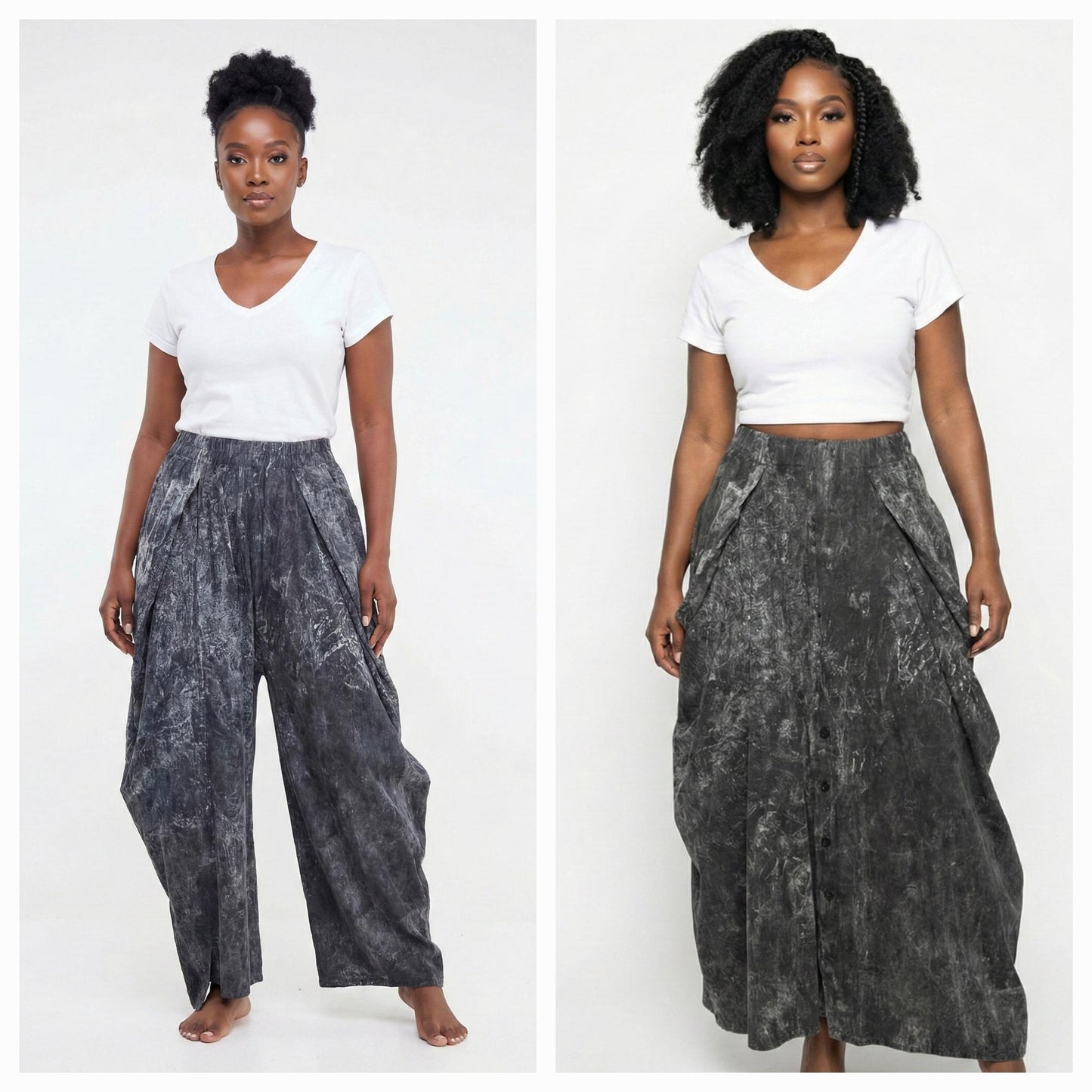 Woman wearing a white top and gray patterned pants on a white background