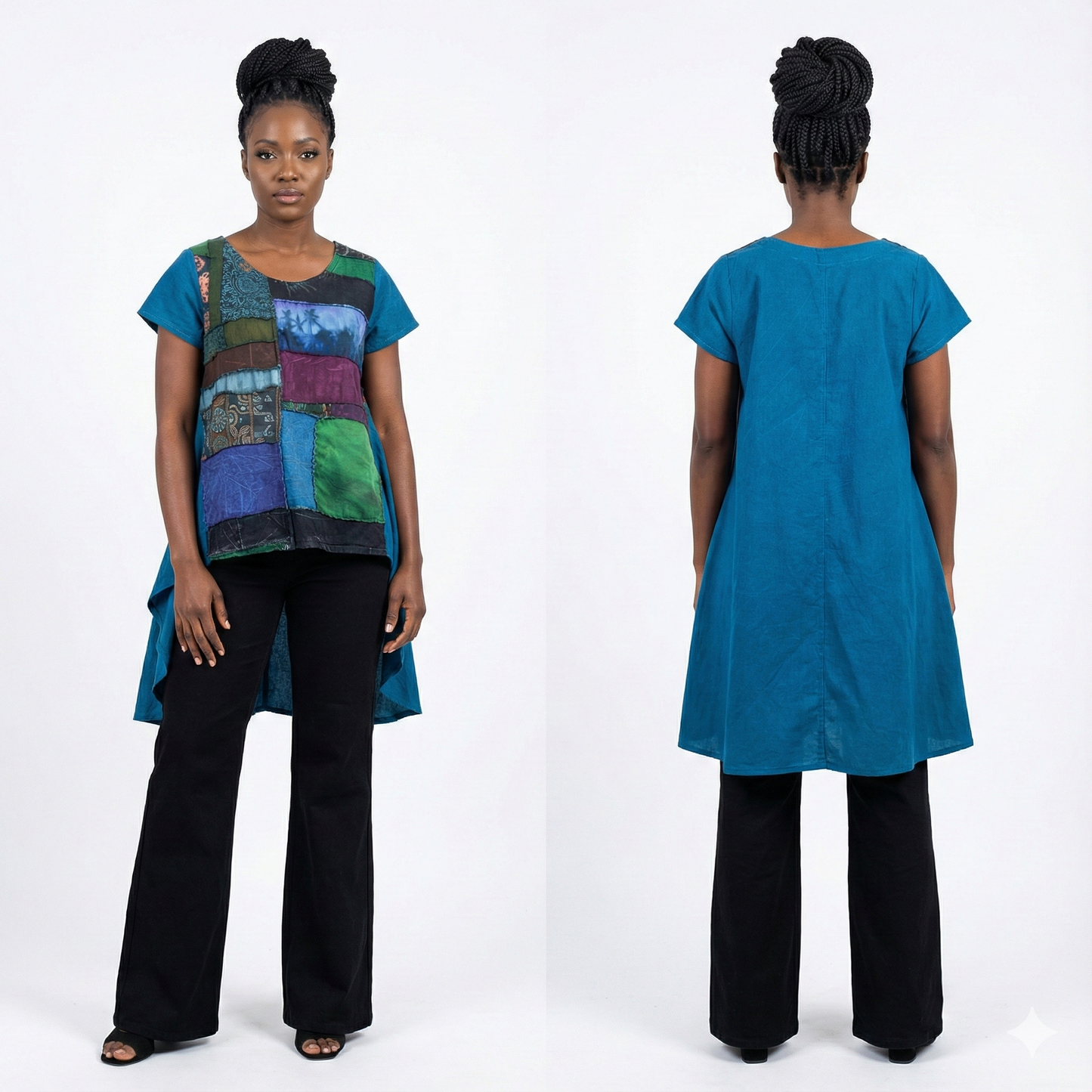 Woman wearing a teal tunic with a colorful patchwork design on a white background