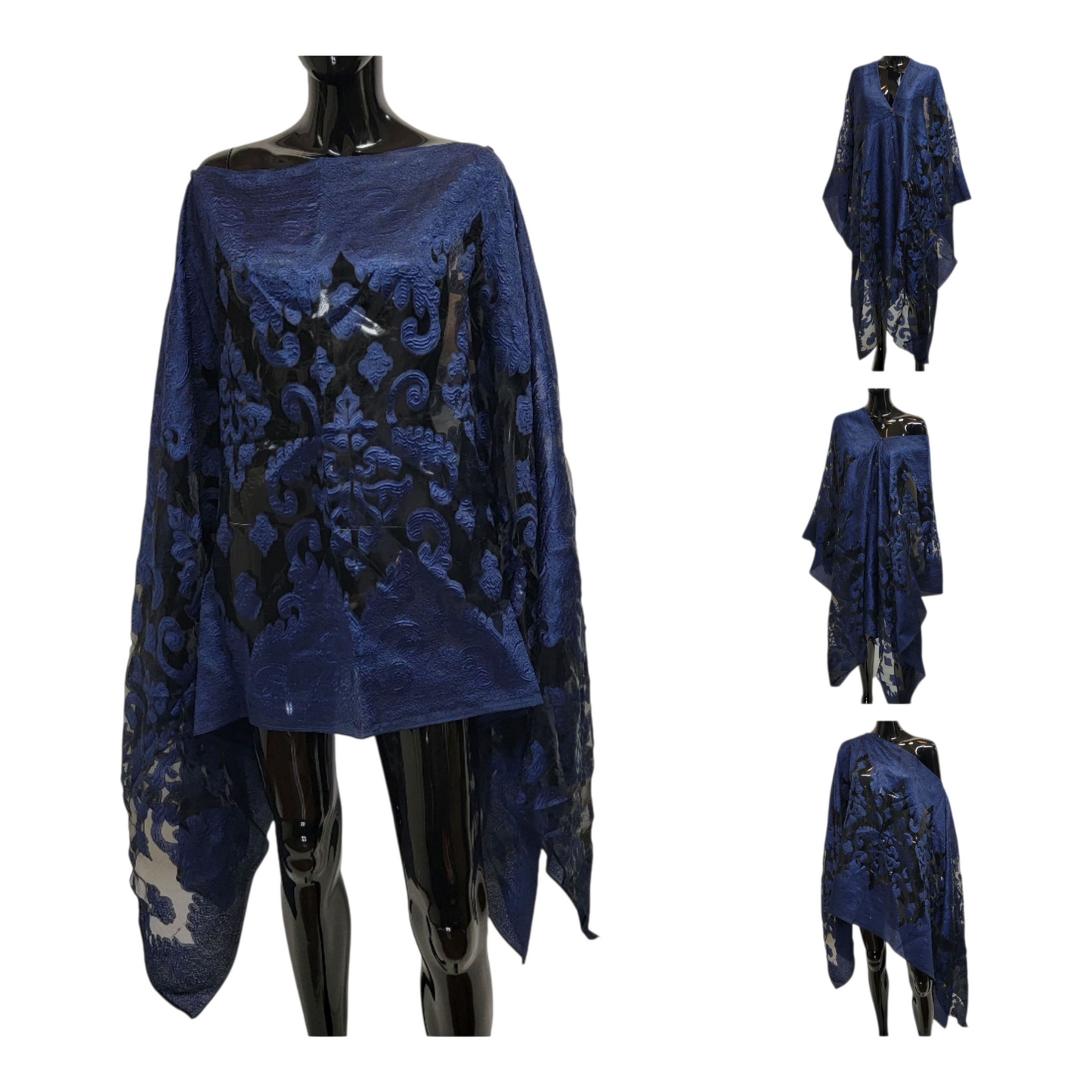 Blue patterned poncho on a mannequin against a white background