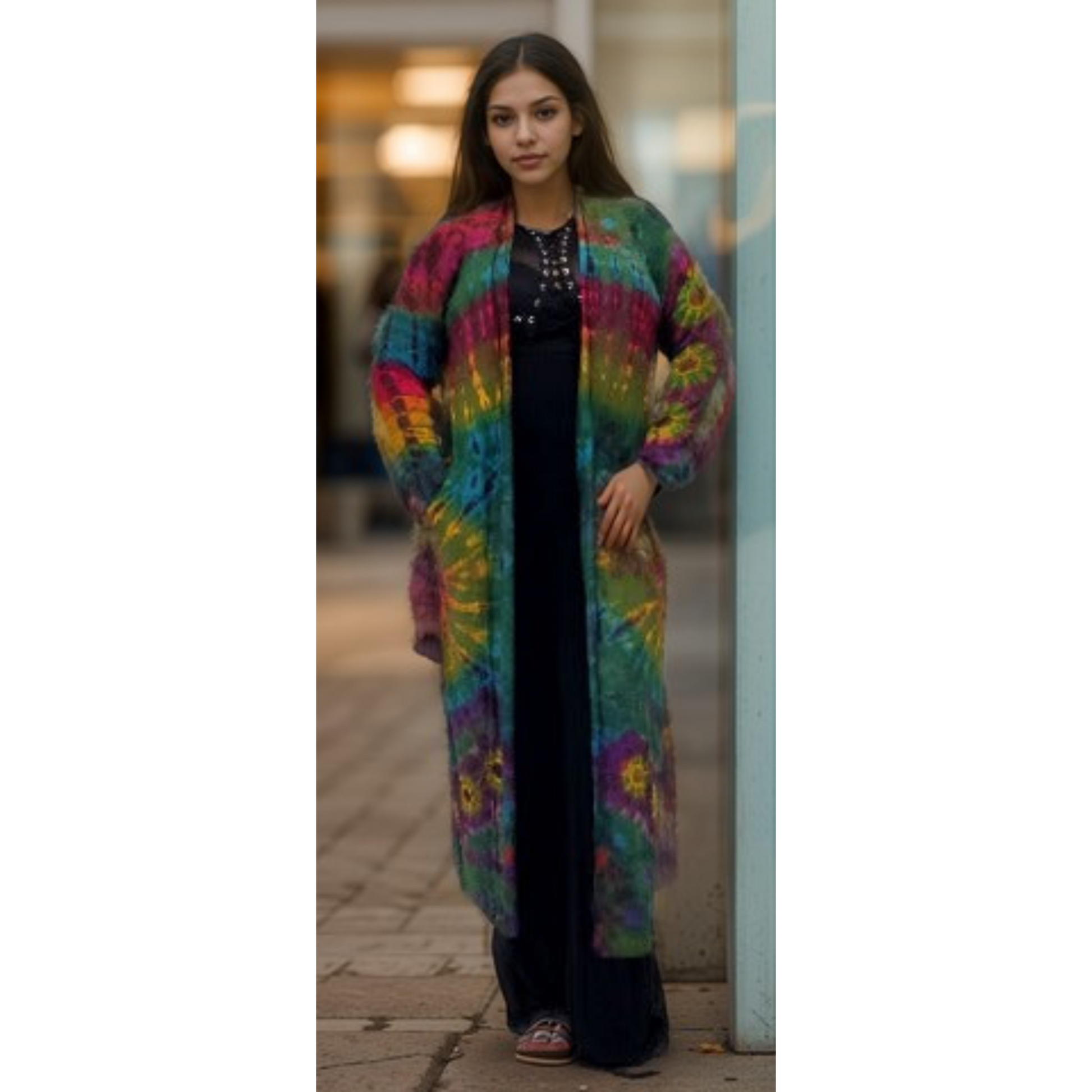 Woman wearing a colorful long duster a woman standing outdoors-Sanjules.