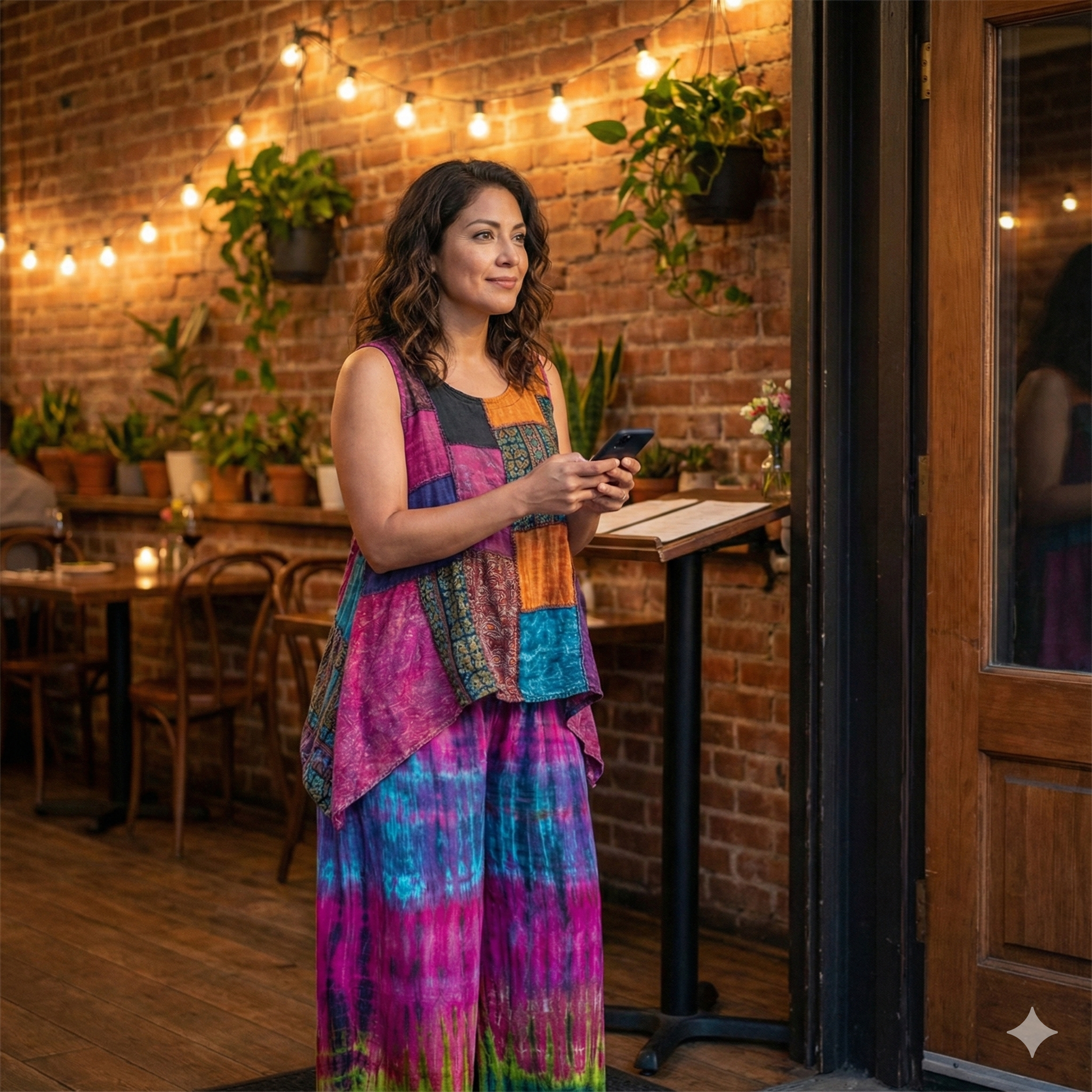 Woman in a colorful patch top standing in a cozy restaurant with brick walls and string lights.