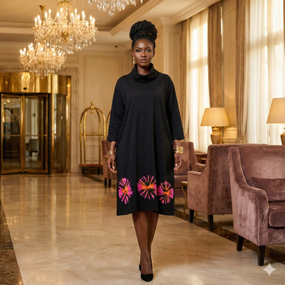 Woman in a black dress with floral patterns standing in an elegant interior setting.