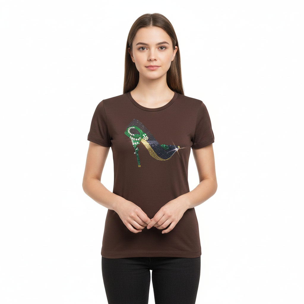 "Brown women's Jamaica Stiletto rhinestone t-shirt with Jamaica flag colors design. 