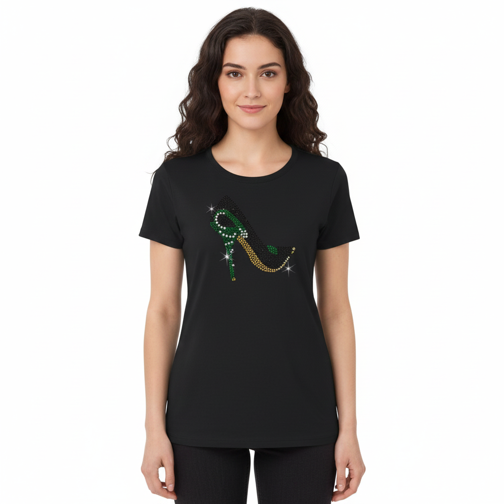 "Black women's Jamaica Stiletto rhinestone t-shirt with Jamaica flag colors design. 