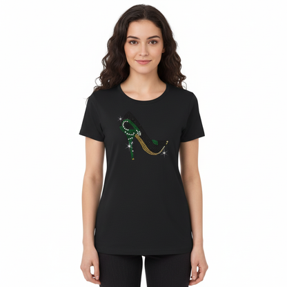 "Black women's Jamaica Stiletto rhinestone t-shirt with Jamaica flag colors design. 