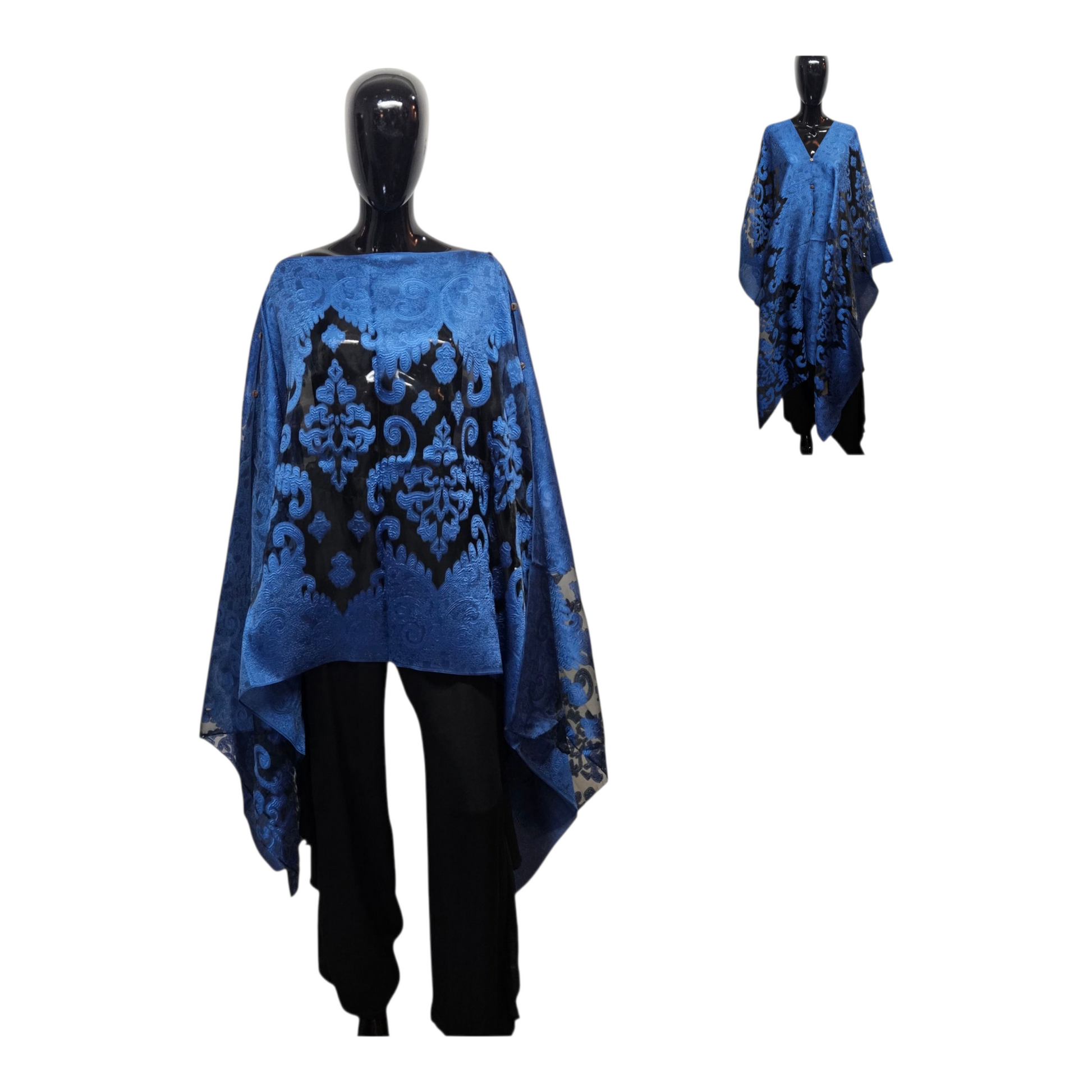 Blue patterned poncho worn by a mannequin on a white background