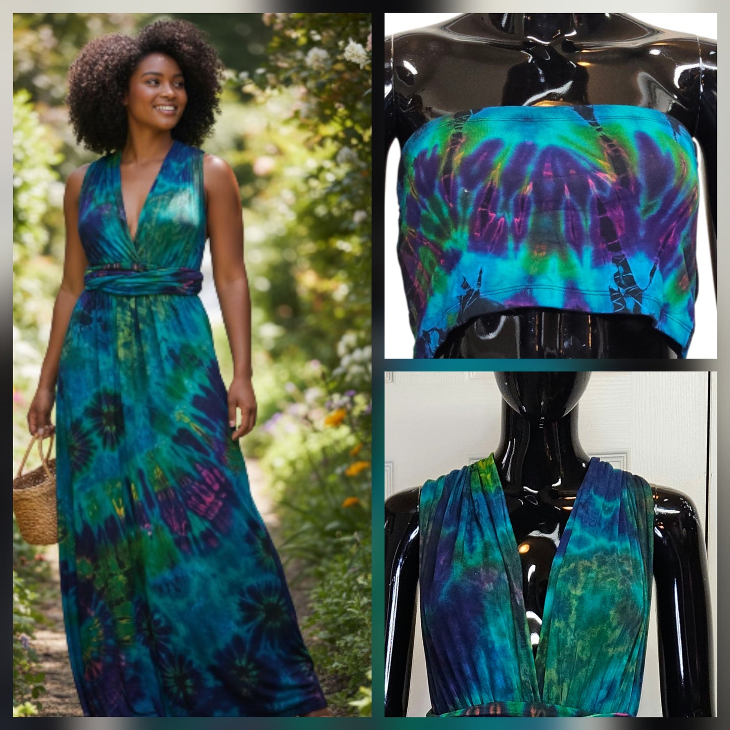 Woman wearing an Infinity tie-dye wrap dress with close-ups of the top of the  dress on mannequins.