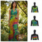 Woman wearing  Infinity tie-dye dress in a garden with additional mannequin displays of the dress.