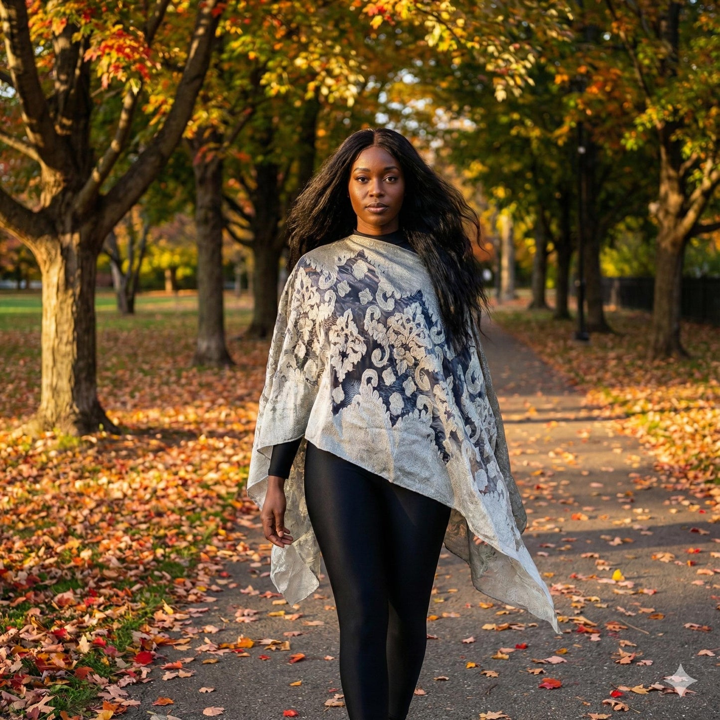 Woman walking in a park with autumn leaves and trees, wearing a silk shawl