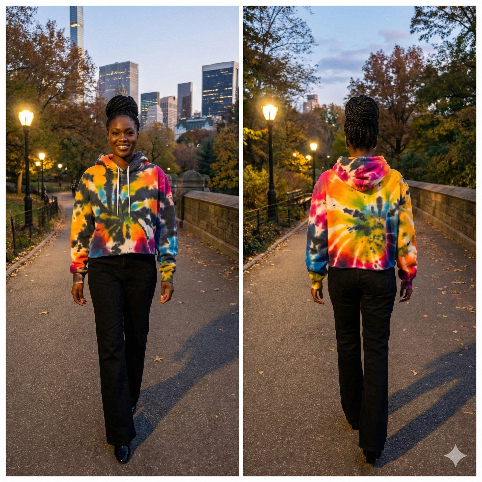 Person wearing a tie-dye hoodie walking on a path with city skyline in the background