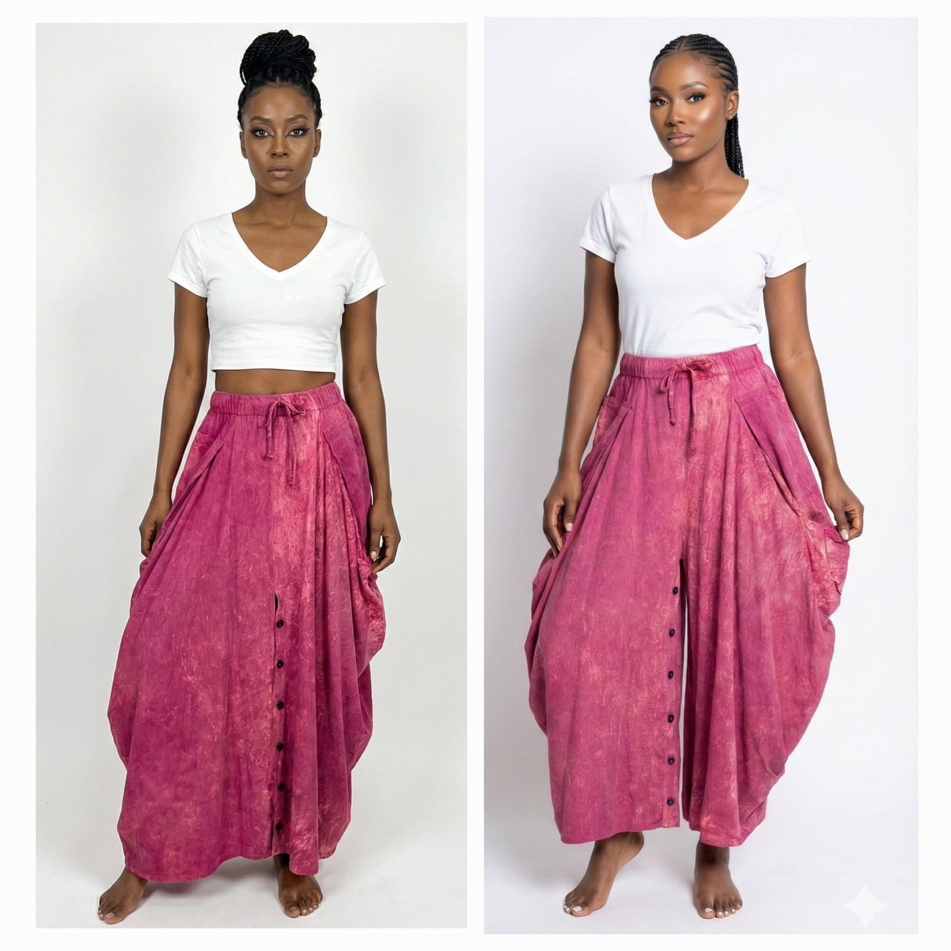 Woman wearing a white top and pink skirt on a white background