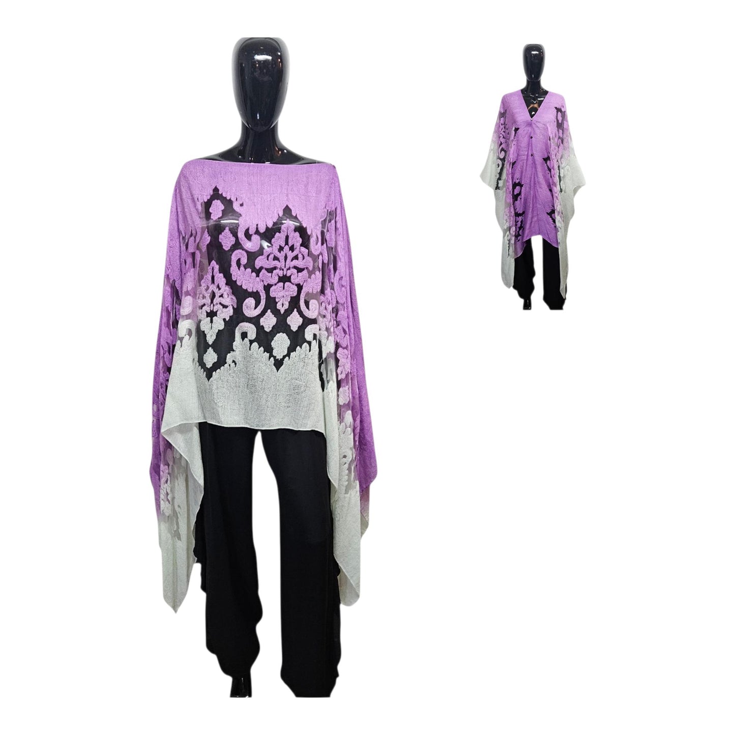 Purple and white patterned poncho worn by a mannequin on a white background