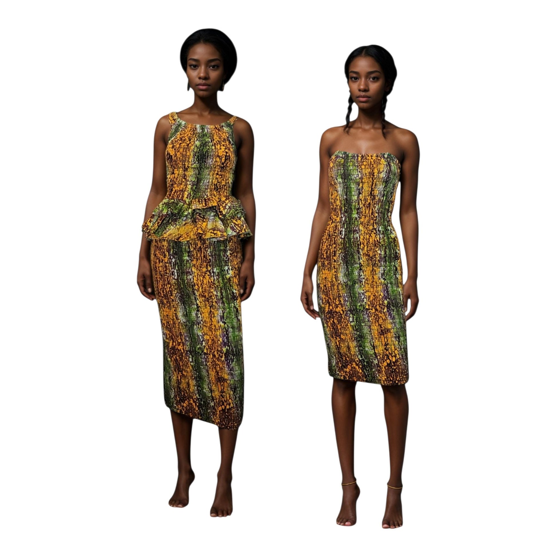 Two women wearing Batik strapless dresses with a floral pattern on a white background