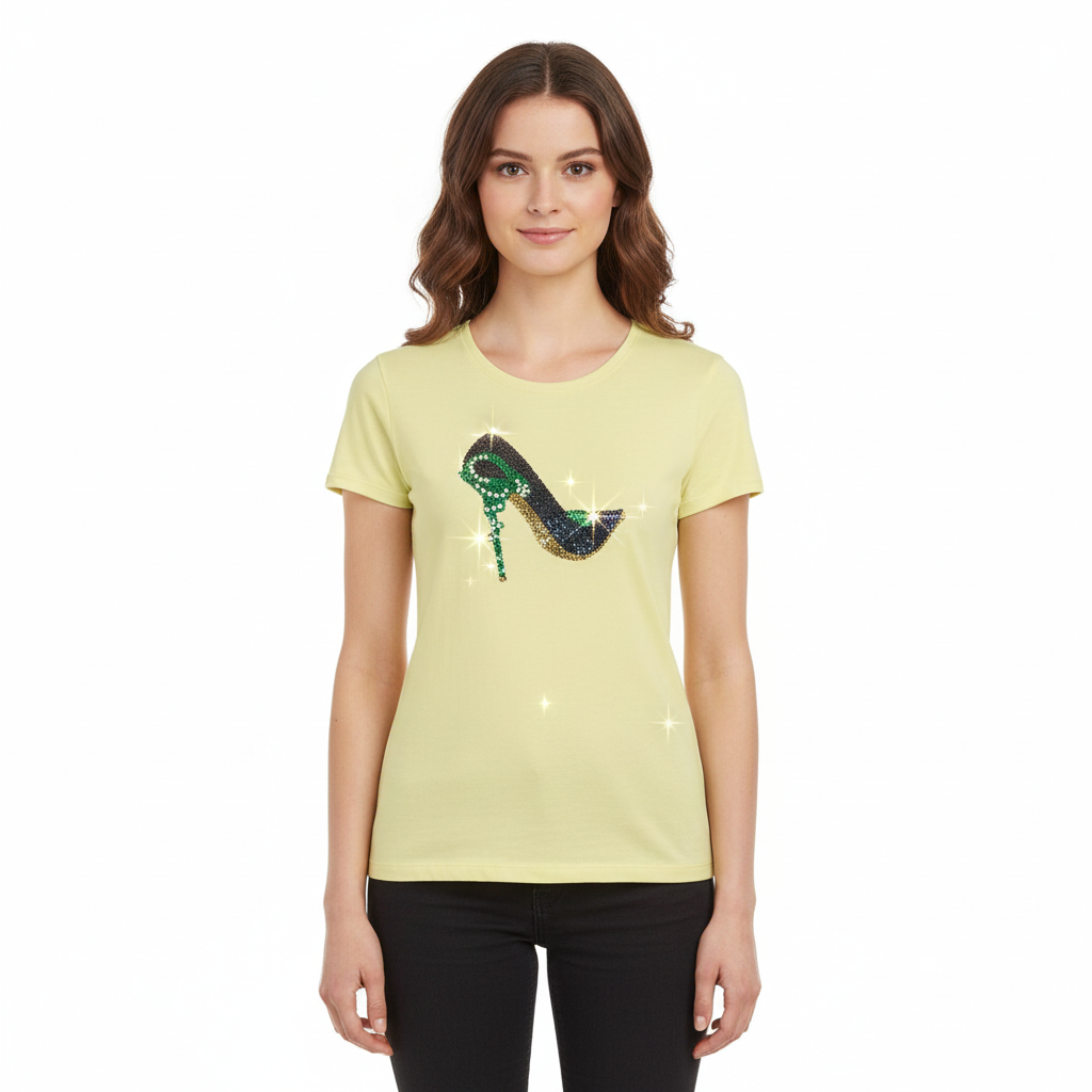 "Yellow women's Jamaica Stiletto rhinestone t-shirt with Jamaica flag colors design. 