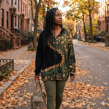 Woman wearing a tie-dye jacket walking on a street with autumn leaves