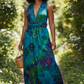 Woman in a infinity  tie-dye dress walking through a garden