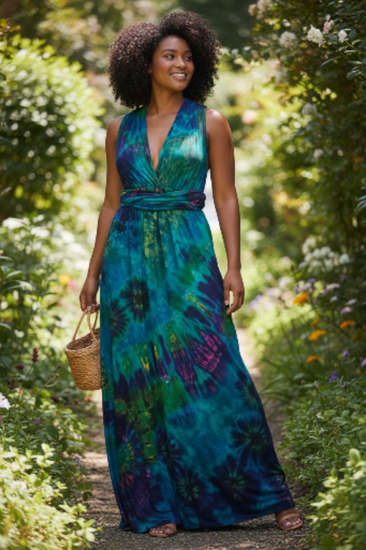 Woman in a infinity  tie-dye dress walking through a garden