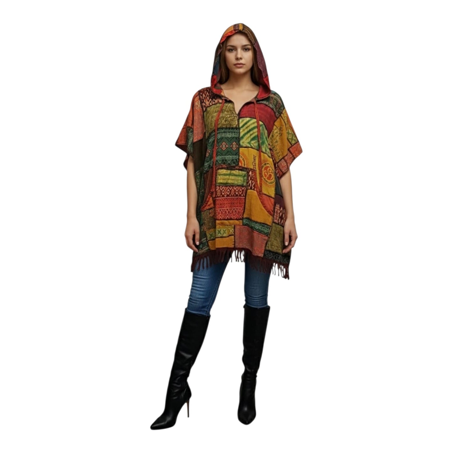 Woman wearing a colorful patchwork  poncho on a white background
