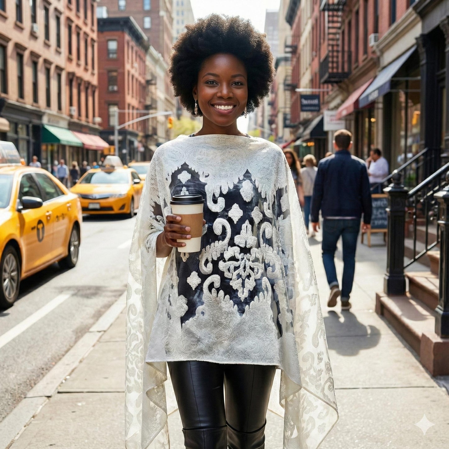 Woman holding a coffee cup on a city street. wearing a shawl