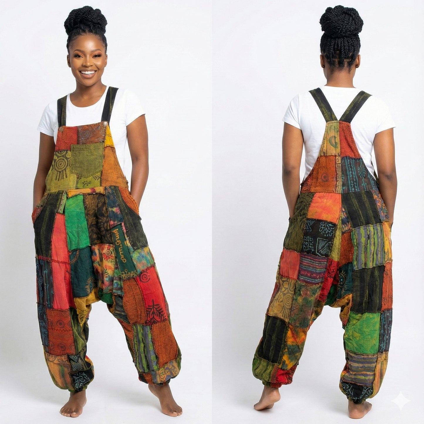Woman wearing a colorful patchwork overalls from front and back views on a white background