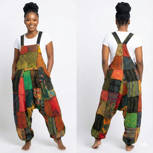 Woman wearing a colorful patchwork overalls from front and back views on a white background