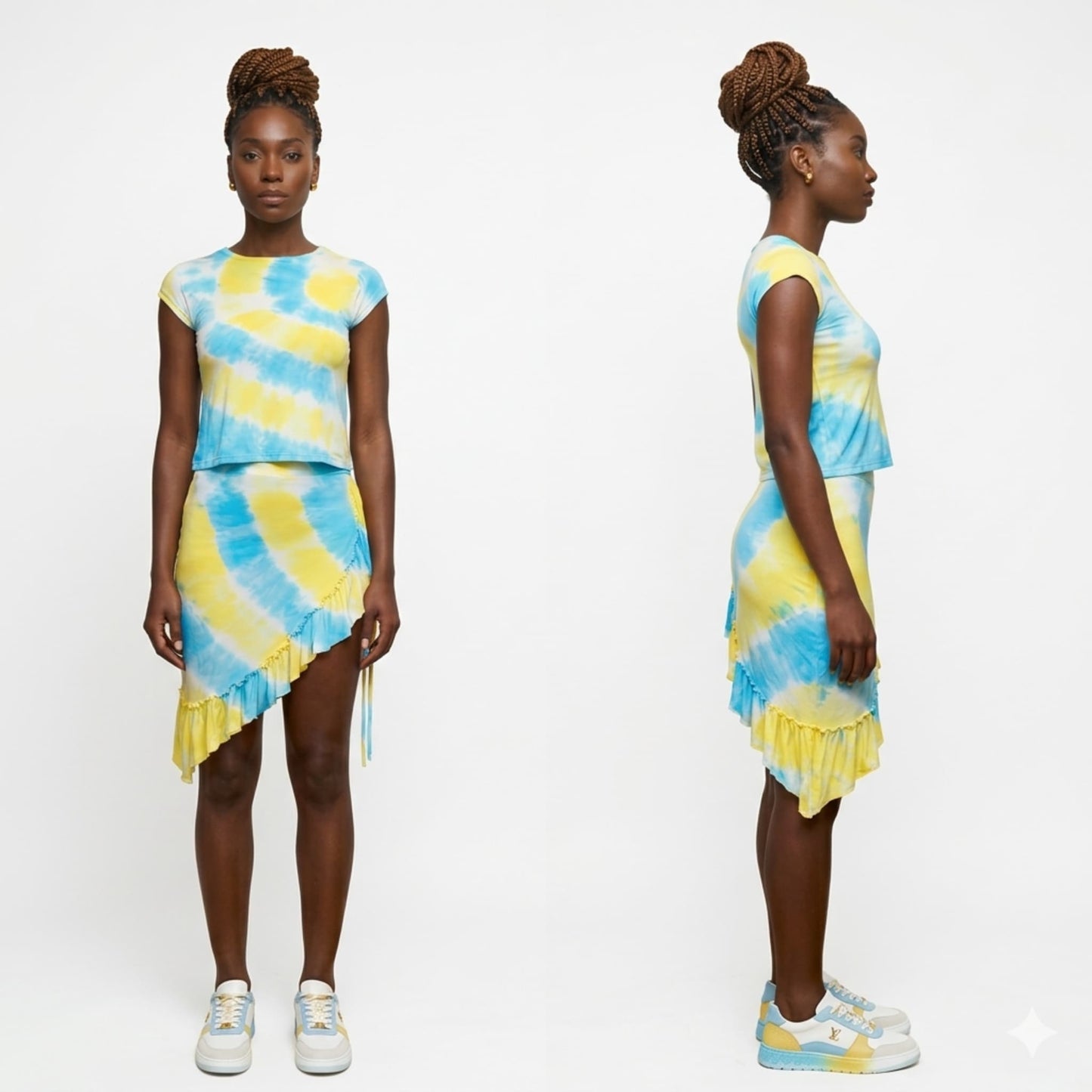 Woman wearing a yellow and blue tie-dye two piece skirt set on a white    background