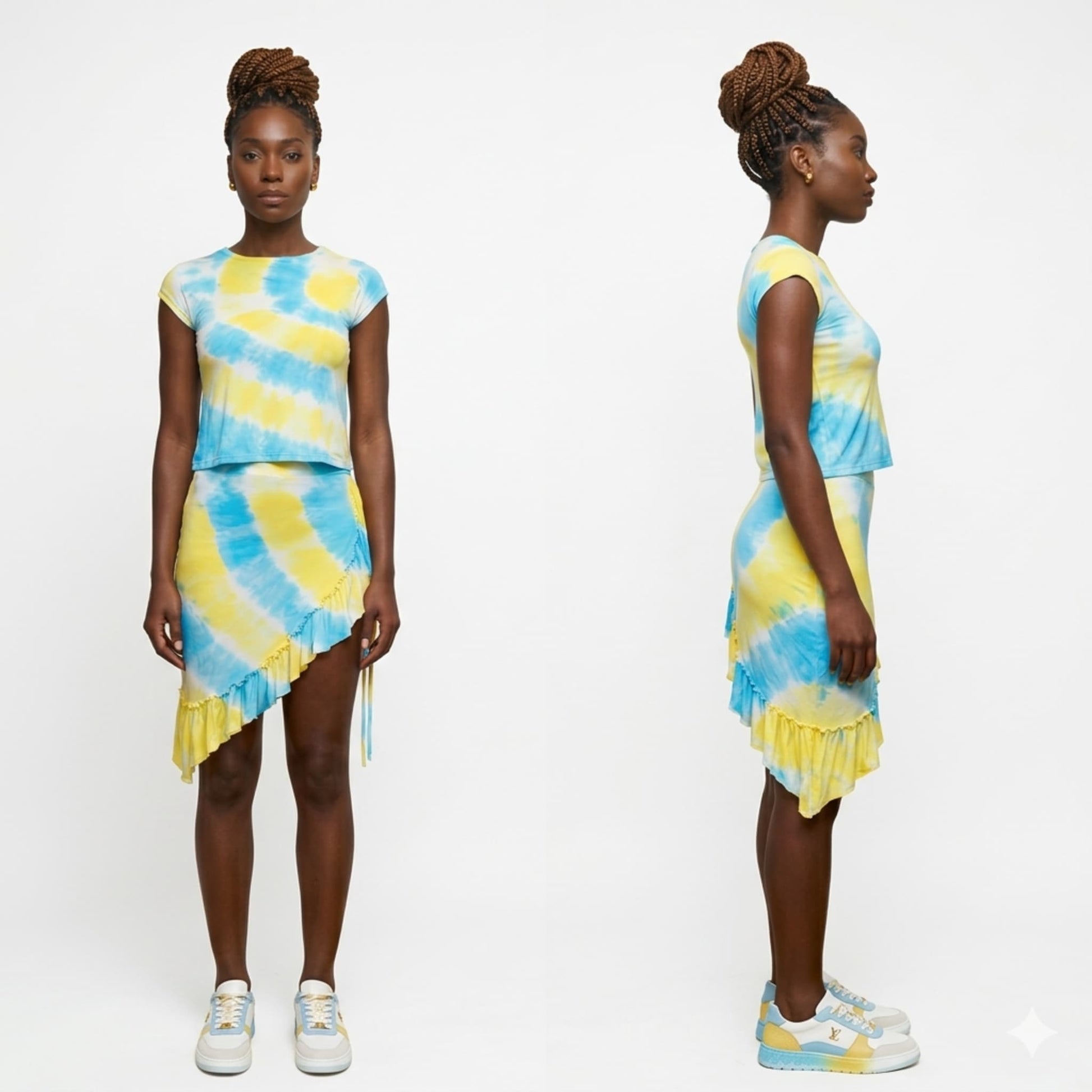 Woman wearing a yellow and blue tie-dye two piece skirt set on a white    background
