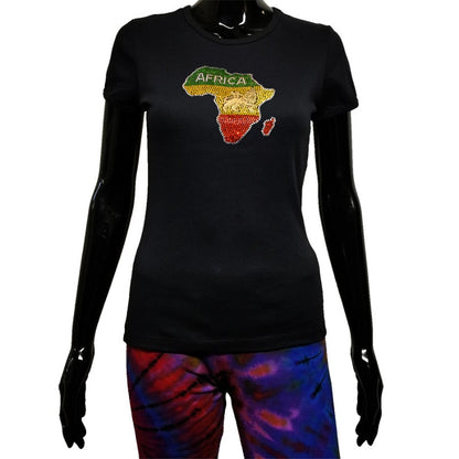 Black t shirt with rhinestone map of Africa