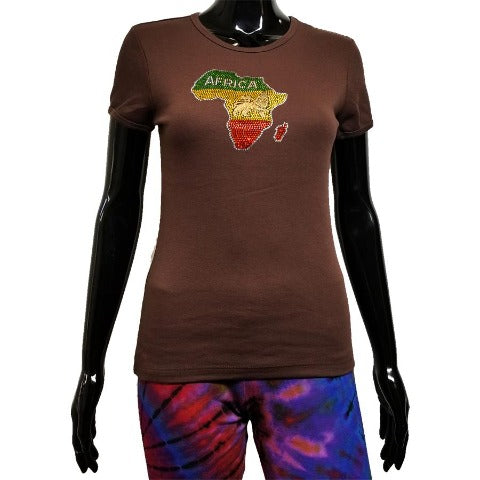 Brown t shirt with rhinestone map of Africa