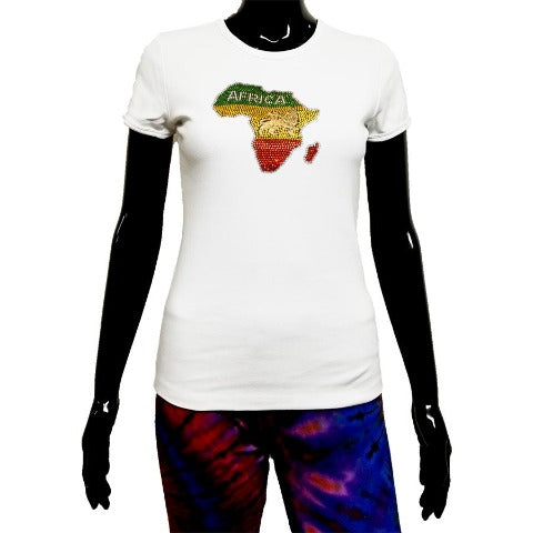 White t shirt with rhinestone map of Africa