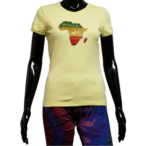 Yellow t shirt with rhinestone map of Africa