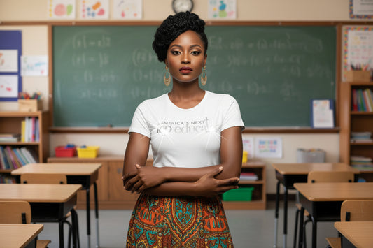 Woman in white "America's Next Top Educator" rhinestone t-shirt and patterned skirt in a classroom.