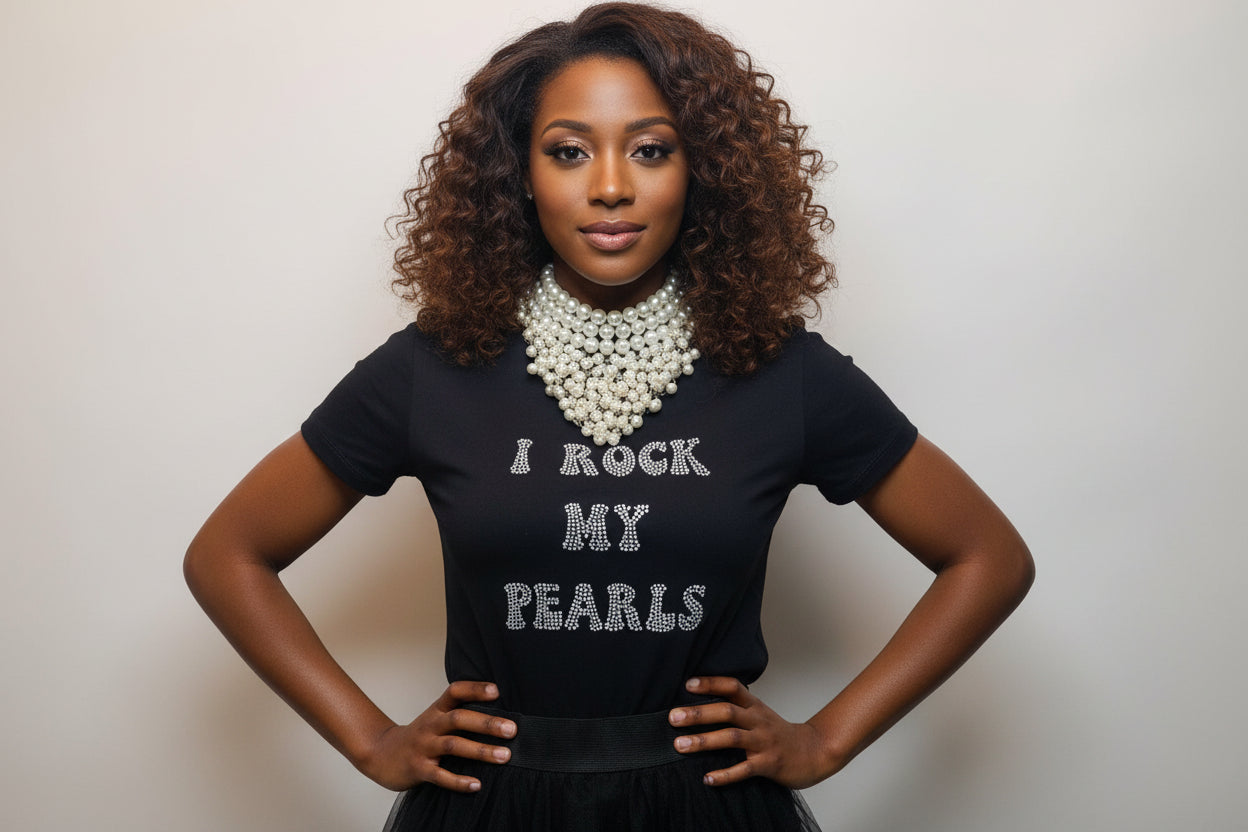 Woman wearing a black t-shirt with 'I Rock My Pearls' text and a necklace.