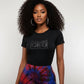 Black women's fitted t-shirt with a sparkling rhinestone retro boom box design, worn by a model.