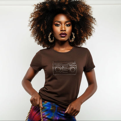 Brown women's t-shirt with a sparkling rhinestone retro boom box design, worn by a model.