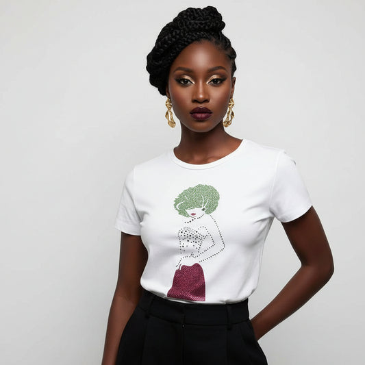 White Flawless Women's T-Shirt with rhinestone and reflective film design, made from premium cotton.