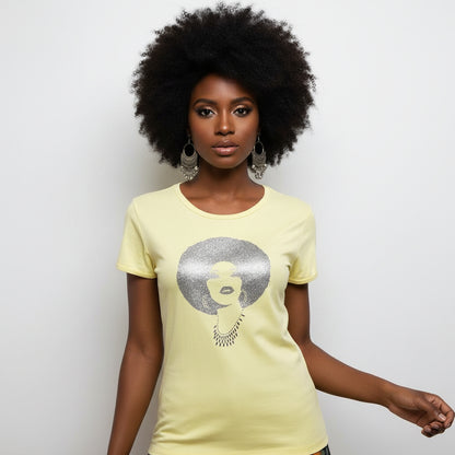 Pale yellow t-shirt with a silver rhinestone and reflective film afro woman design.